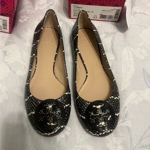 Tory Burch Black and White Snake Reva Ballet Flats